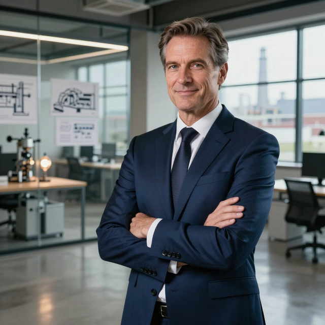Businessman in a navy suit standing with arms crossed in a modern office
