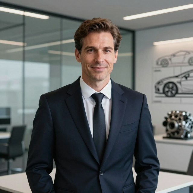 Man in a dark suit standing in a modern office with car design sketches in the background