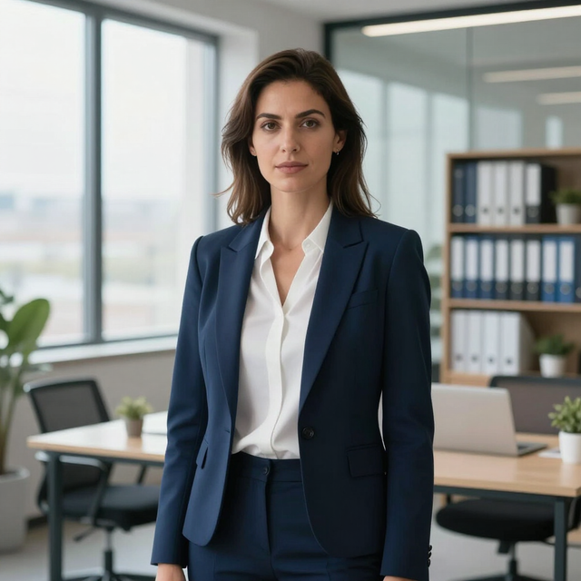 Professional woman in navy suit standing in a modern office, facing the camera.