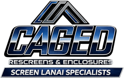 Logo for Caged Rescreens & Enclosures, Screen Lanai Specialists. Blue and silver text with a stylized roof image.