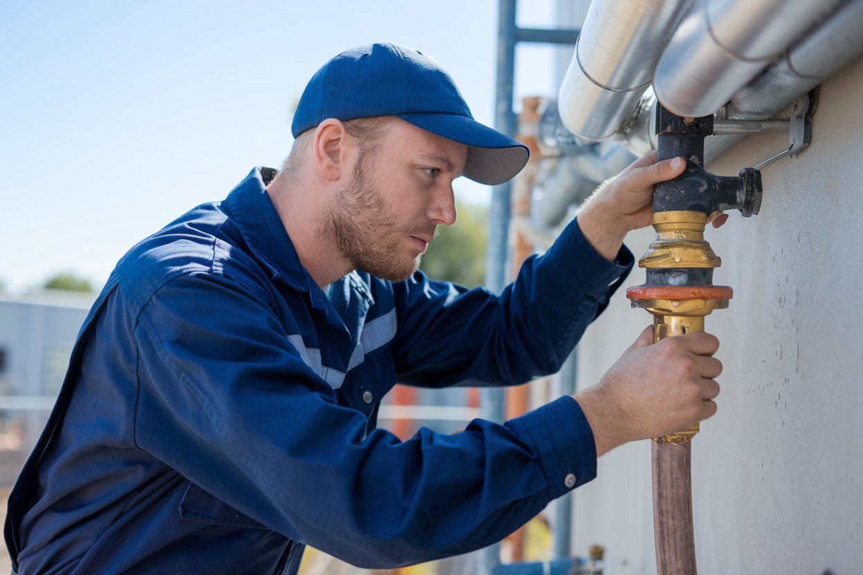 Man in blue uniform fixing pipes outdoors.