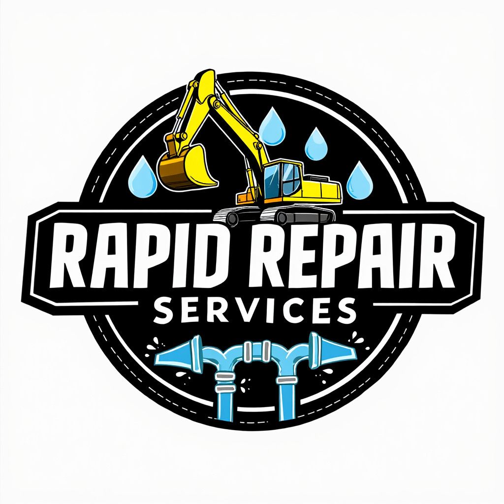 Logo for Rapid Repair Services, featuring a yellow excavator and blue water drops and pipes.