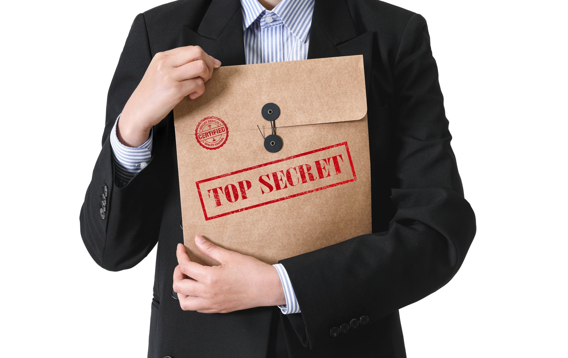 Person in a suit holding a folder labeled “Top Secret”