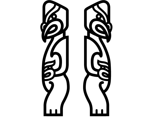 Two stylized Maori figures facing each other, with detailed facial and body carvings.