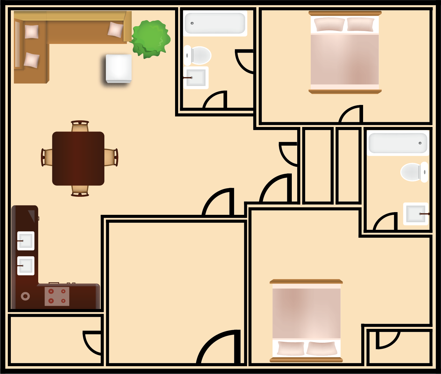 Floor plan of a house with living room, kitchen, dining area, two bedrooms, and two bathrooms.