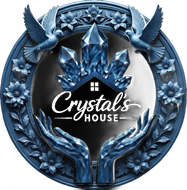 A logo with blue hands cupping a house outline and crystals, featuring the text 