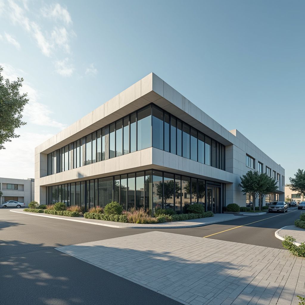 Modern two-story building with large windows and concrete facade, landscaping in front, and a paved parking lot.