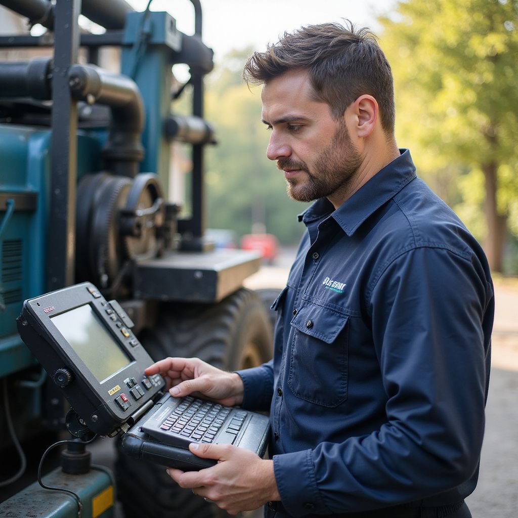 Man in blue work shirt uses a handheld device outdoors, near a large machine.