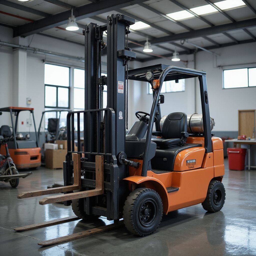 Orange forklift in a warehouse setting, with other forklifts visible in the background.