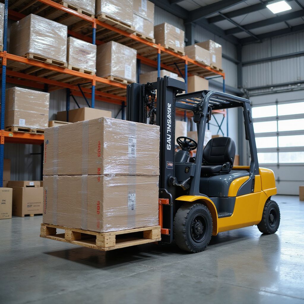 Yellow forklift carrying two cardboard boxes on a pallet in a warehouse.