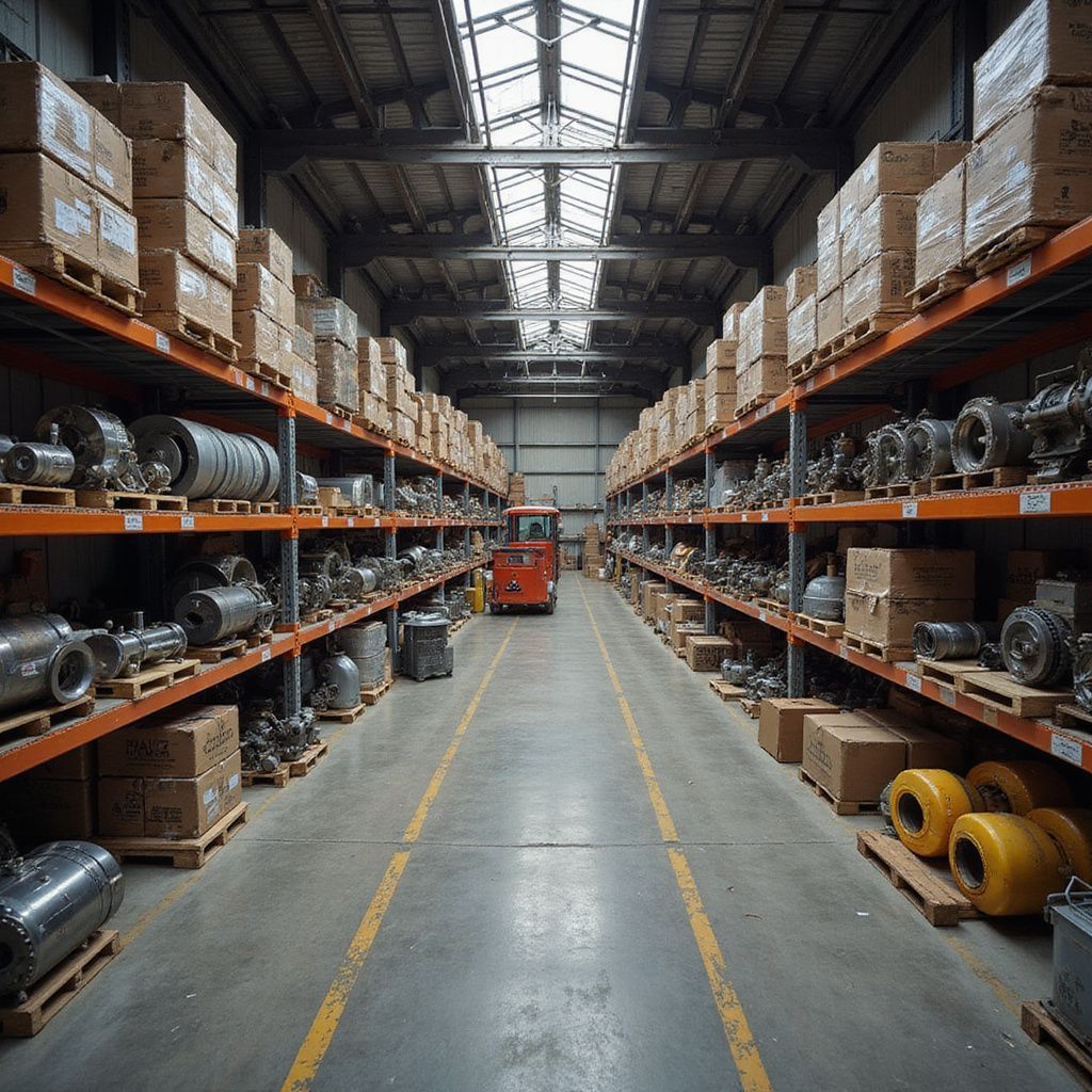 Warehouse interior with shelves of boxes and industrial equipment; forklift in aisle.