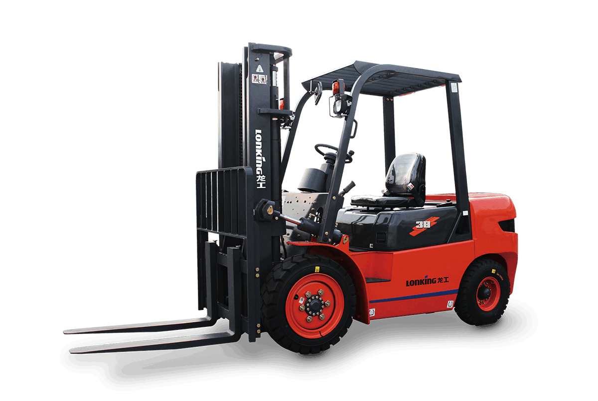 Red forklift with black mast and forks on a white background.