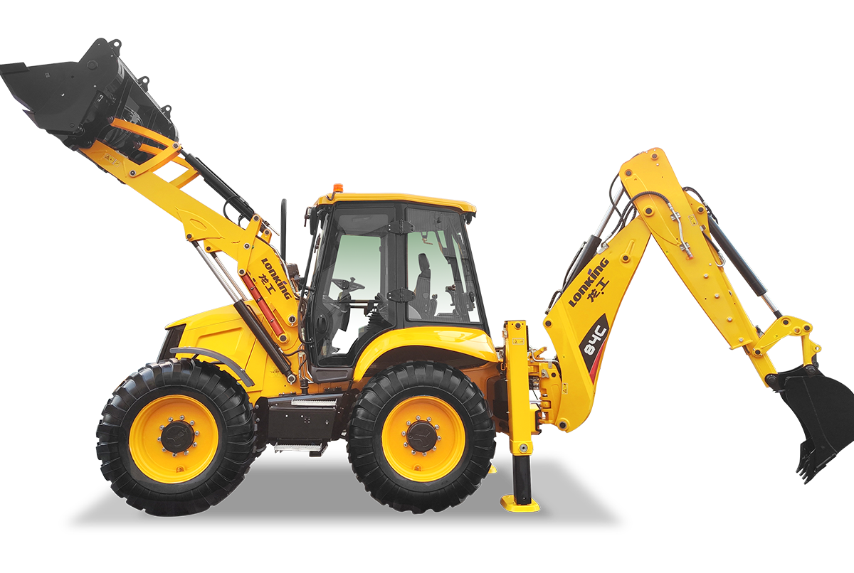Yellow backhoe with raised front loader and lowered rear excavator bucket.