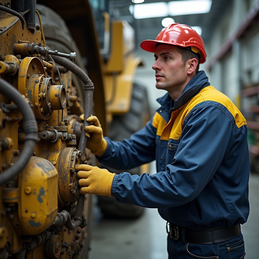 Mechanic in safety gear inspects heavy machinery in a workshop, looking focused.