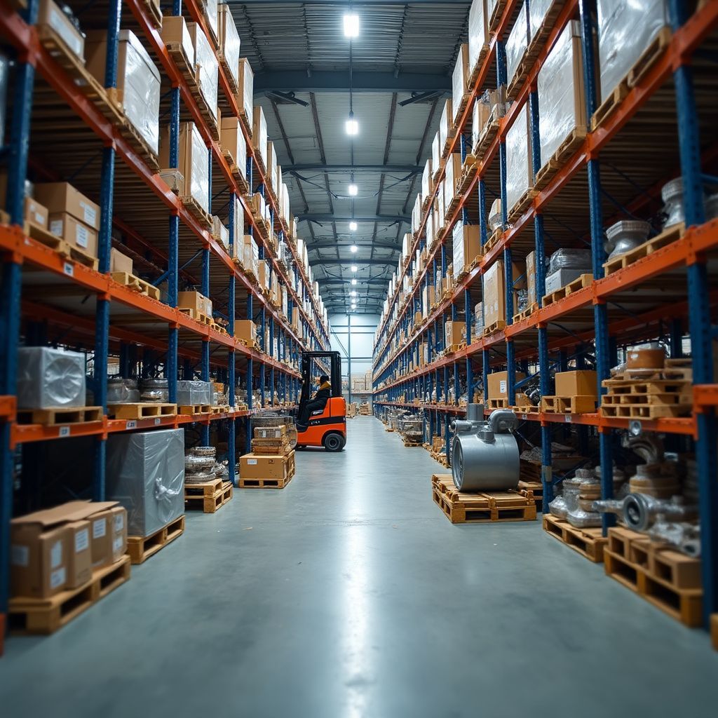 Warehouse interior with shelves of boxes and equipment, forklift driving down the aisle.