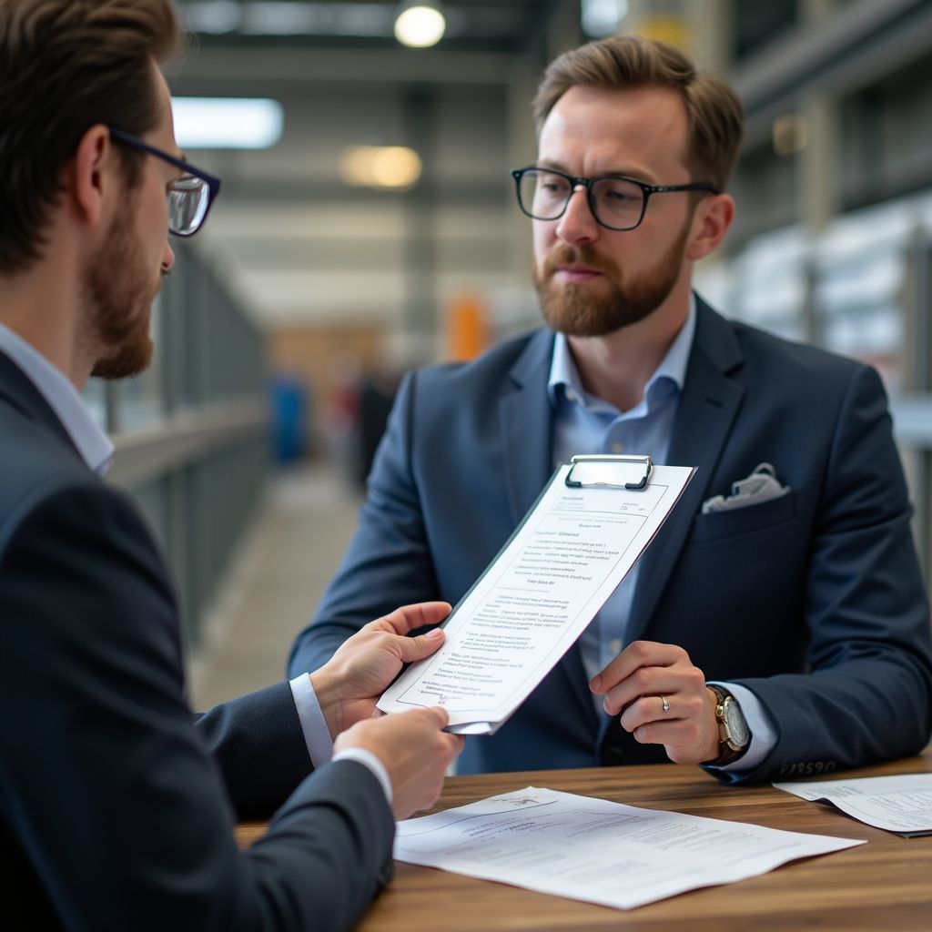 Two men in suits reviewing documents at a table. One holds a clipboard, the other looks on.