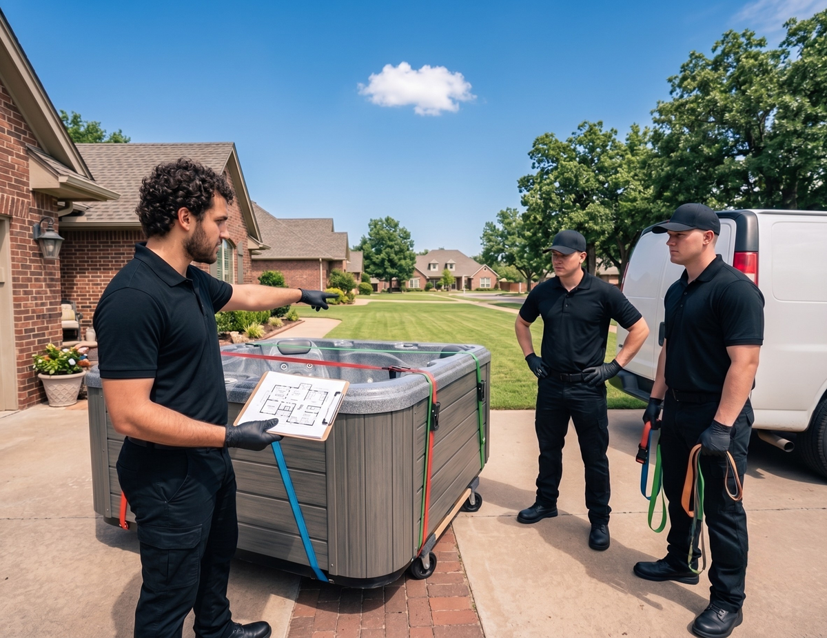 Hot tub movers using lifting straps at residential backyard