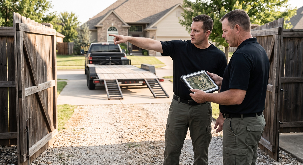 Technicians using moving straps to relocate a hot tub safely
