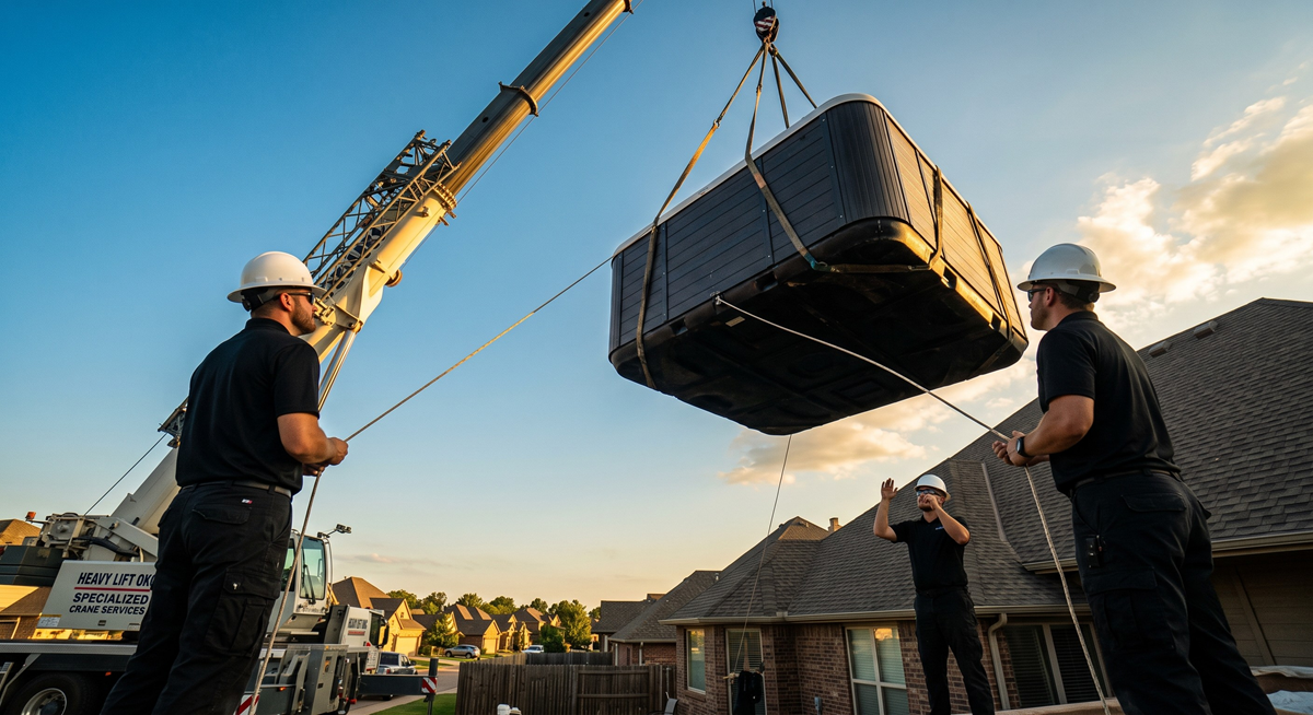 Professional hot tub movers securing spa for safe transport
