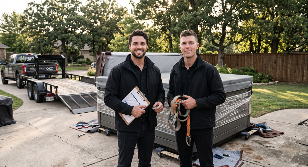 Commercial spa relocation with heavy lifting equipment in use