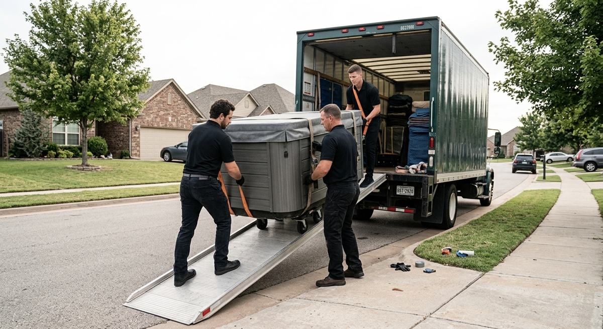 Technicians using heavy-duty dolly to move hot tub carefully