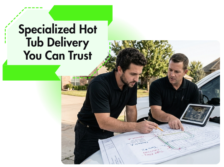 Workers preparing hot tub for safe residential delivery process