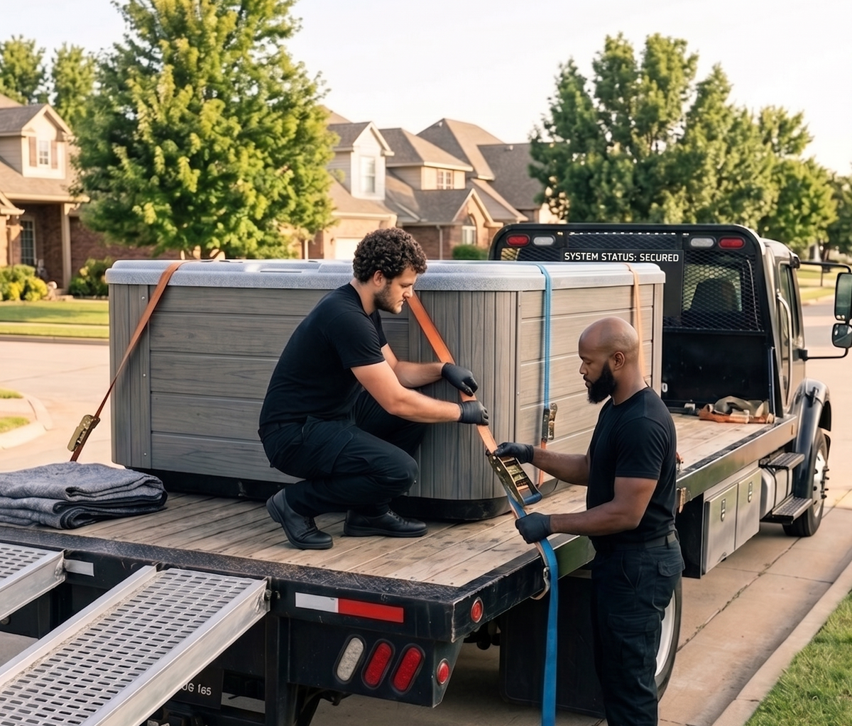 Backyard hot tub being lifted over small fence opening