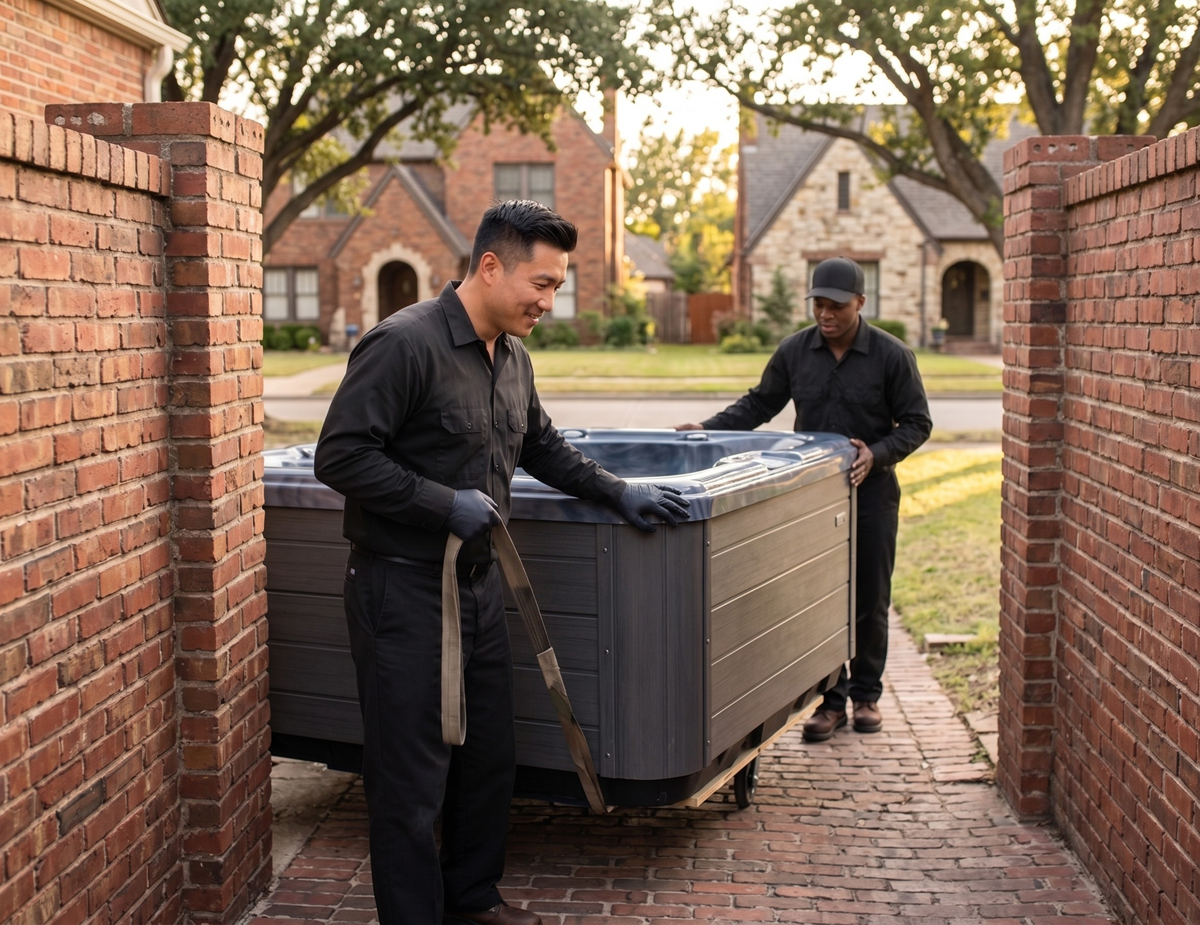 Experienced movers handling a heavy spa with care