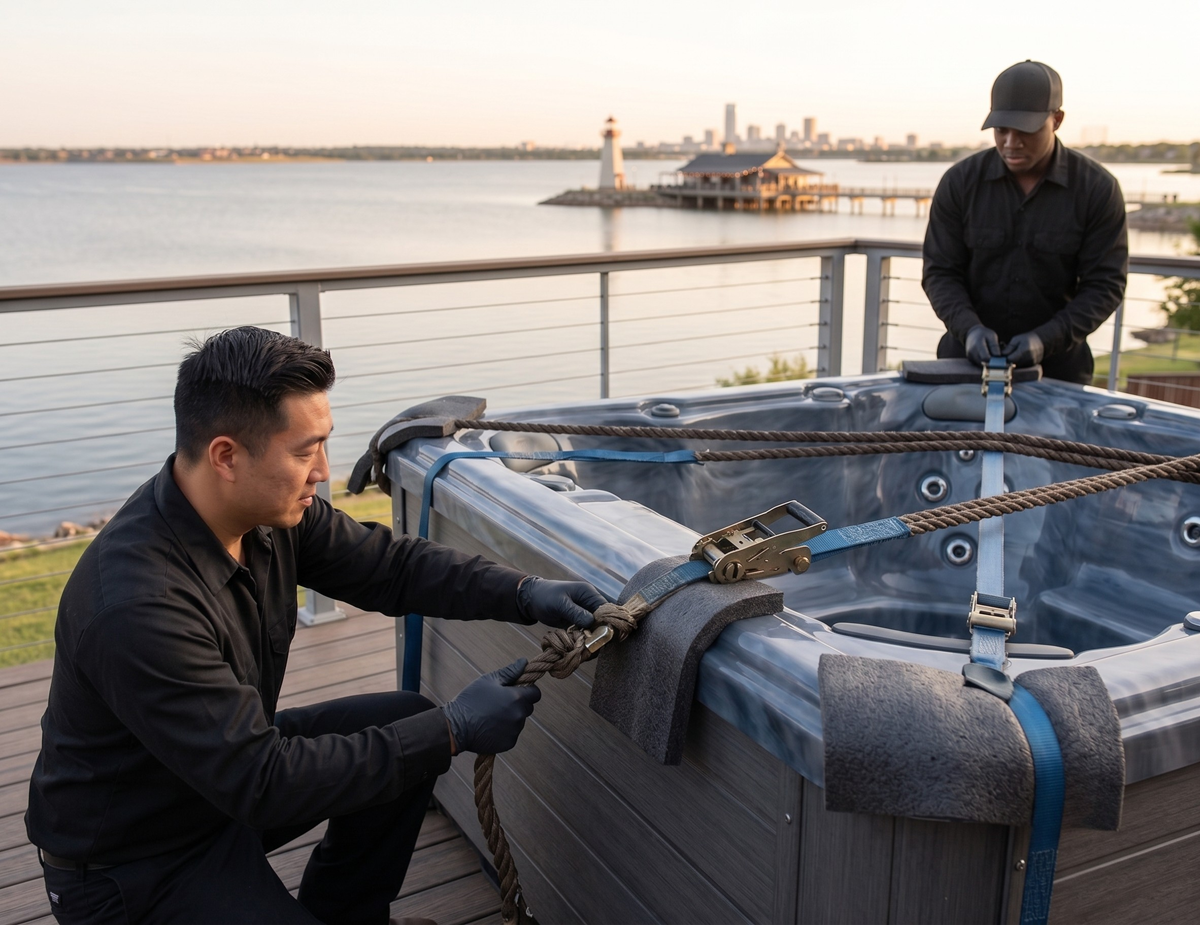Hot tub delivery crew unloading a spa at a home