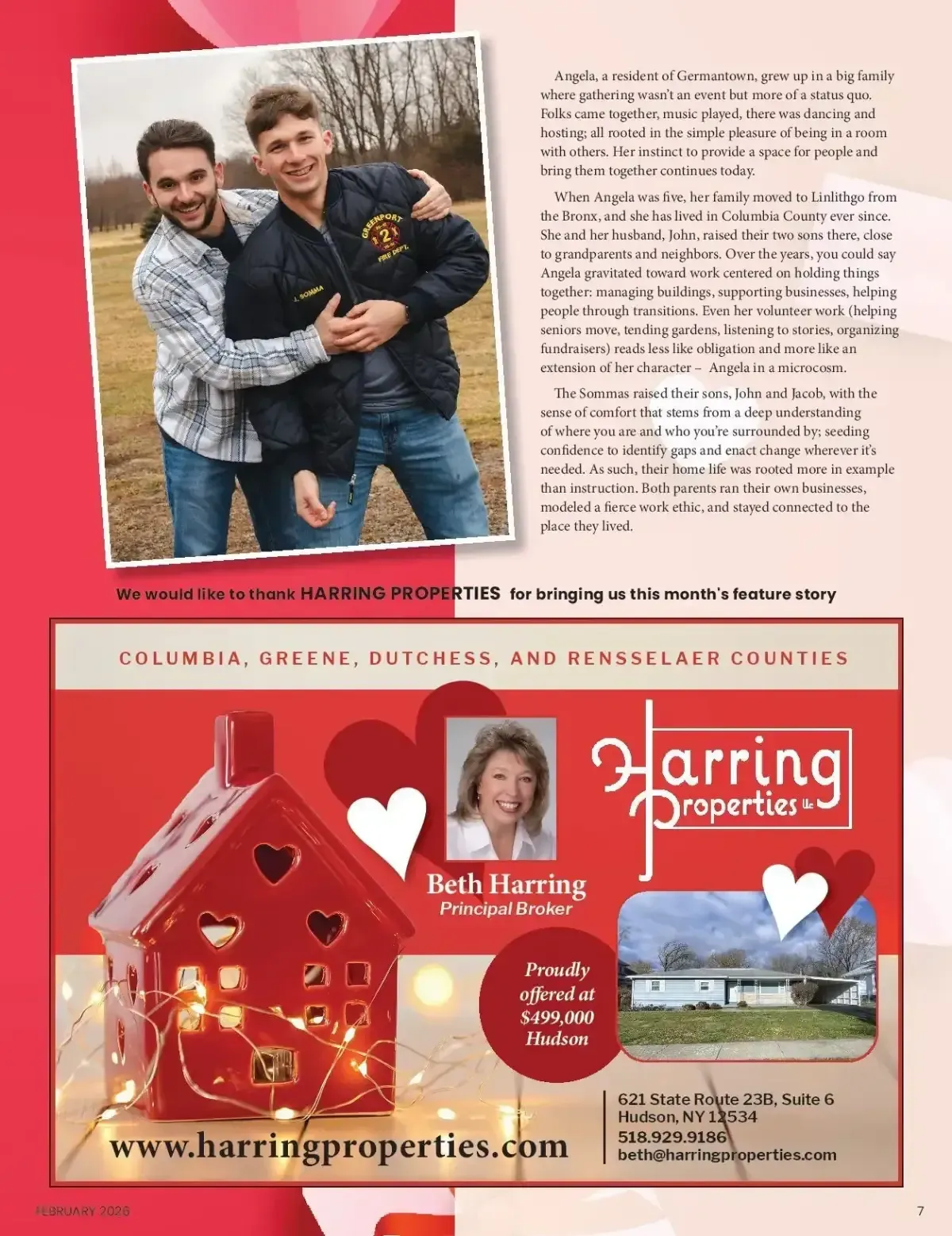 Red real estate ad with two smiling men posing beside a dog, plus property listing details and a house photo.