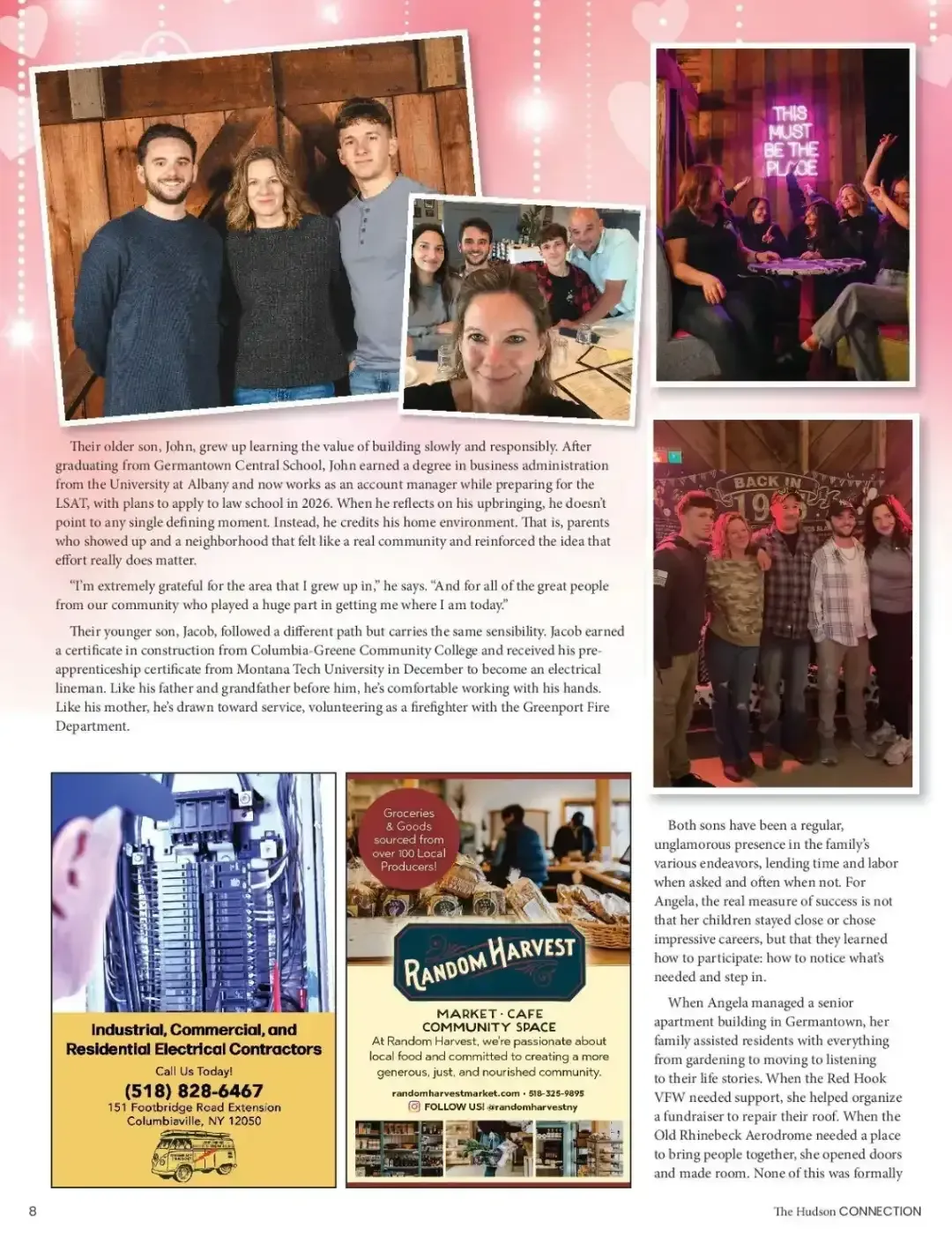 Collage of event photos and text on a pink background, with people posing at parties and a blue-lit stage.