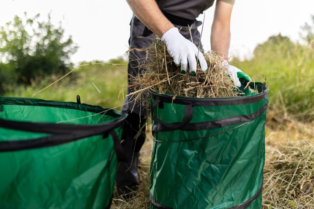 Person Putting Dry Grass Into a Green Yard Waste Bag — All Suburbs Garden Bags in Kuranda, QLD