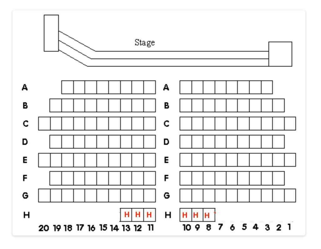 Seating chart of a stage and audience rows labeled A-H, with numbers 1-20 indicating seat positions.