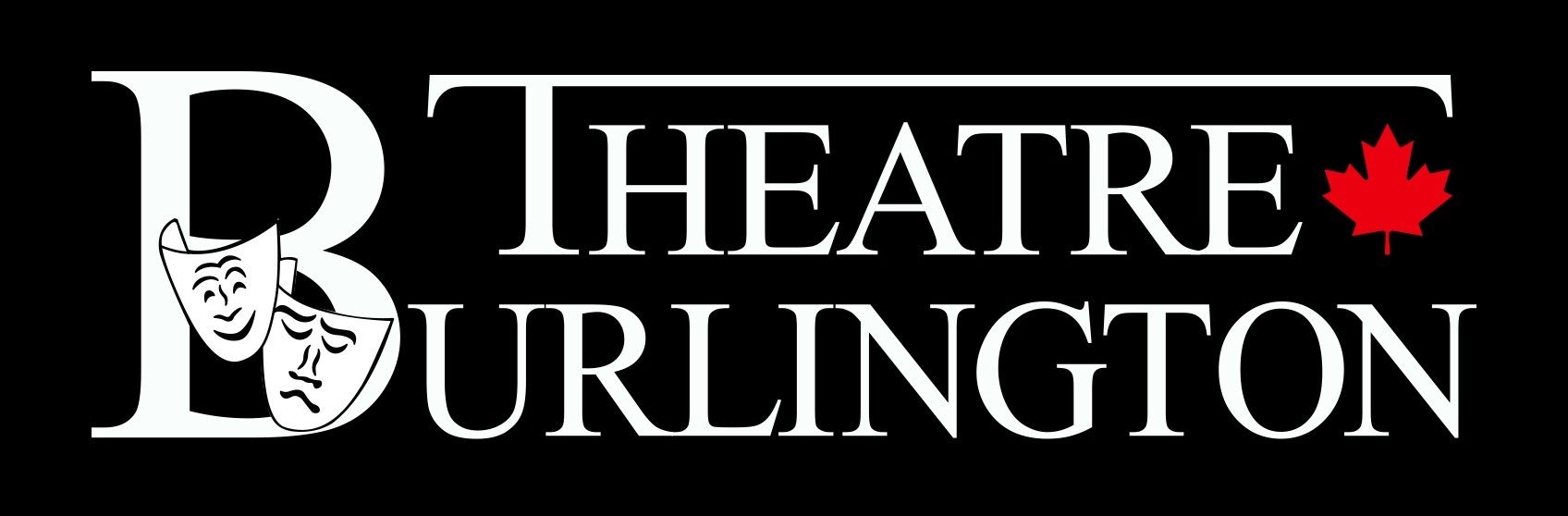 Logo for Theatre Burlington: White text, black background. Includes a red maple leaf.