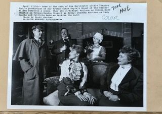 Black and white photo: Cast of a play posing on a stage set, 5 people. Text on photo indicates play title.
