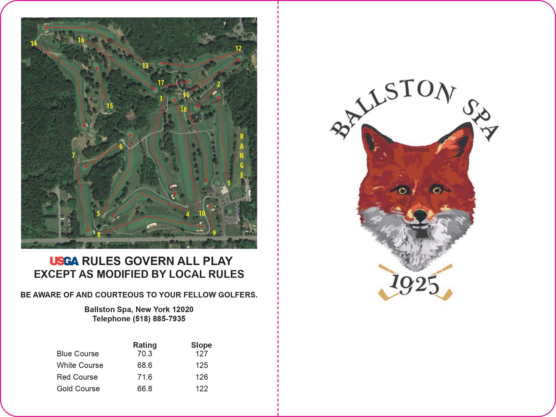 Ballston Spa Country Club scorecard showing a course map, logo of a fox, and course ratings.