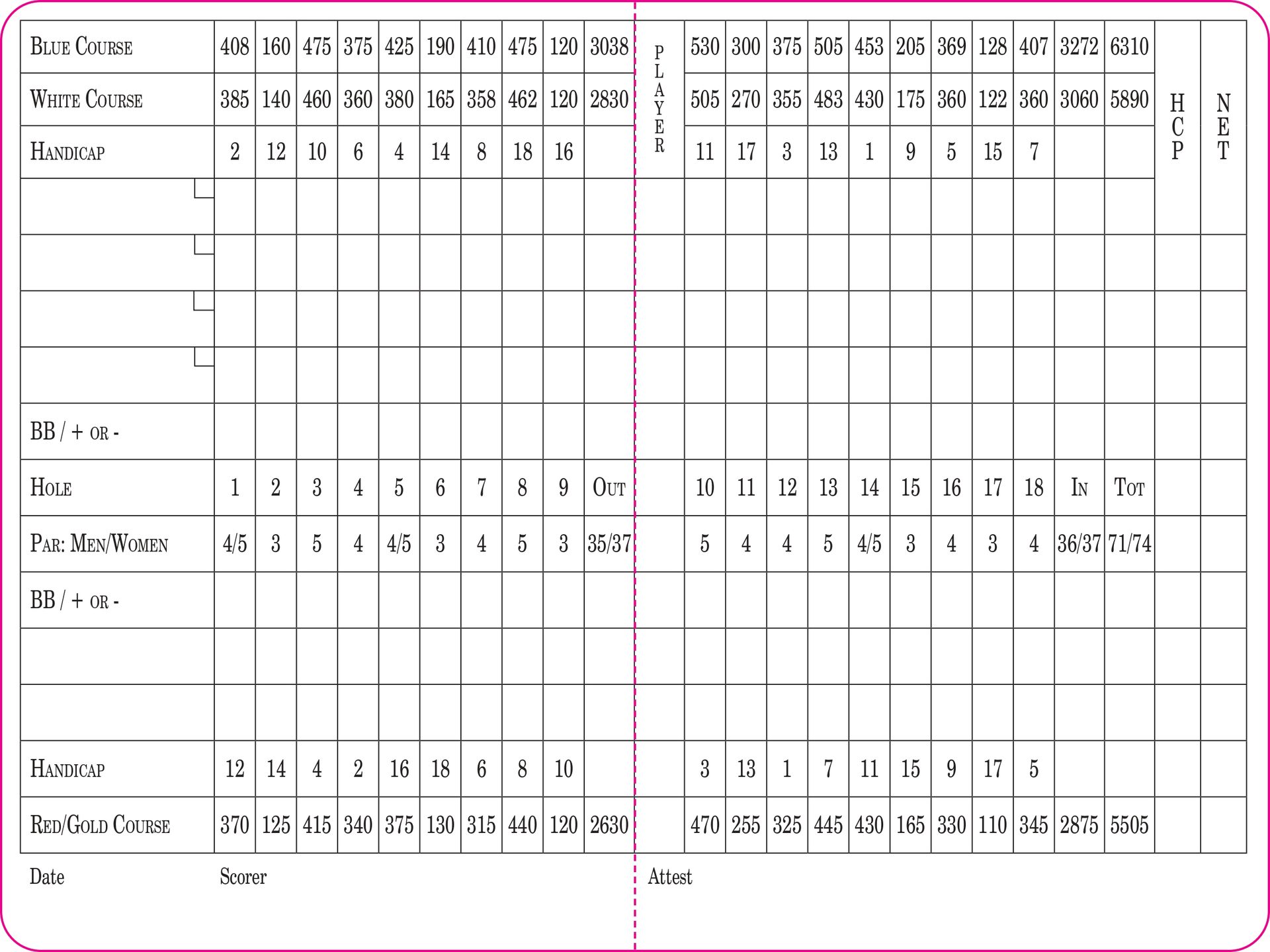 A blank golf scorecard with rows and columns for tracking hole numbers, par, yardage, and player scores for 18 holes.
