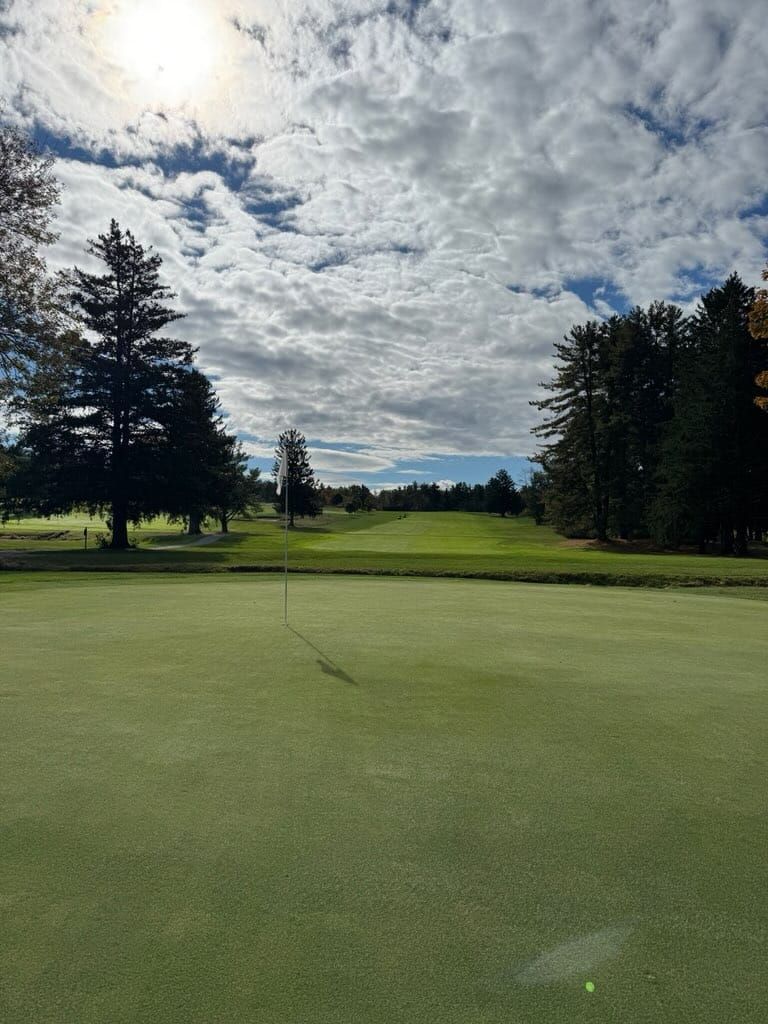 Golf green with flag; fairway slopes uphill under a cloudy sky.