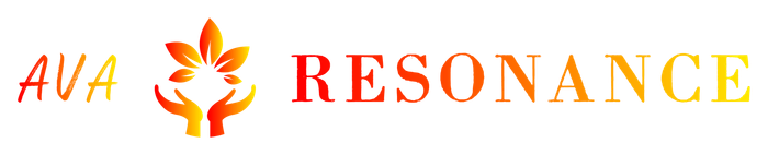 AVA RESONANCE logo with orange floral emblem and red text on a white background