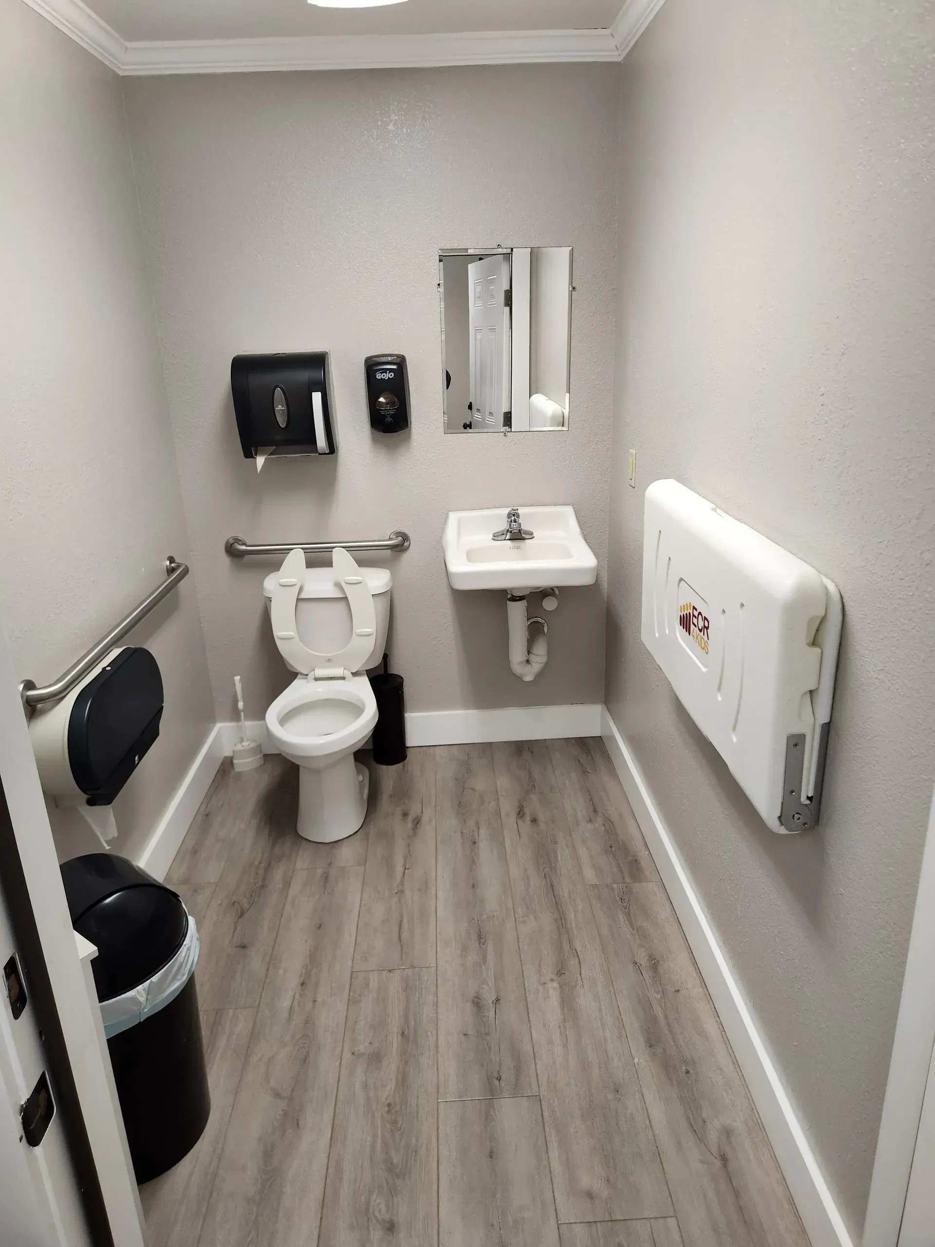 Small accessible restroom with toilet, sink, grab bars, mirror, and trash bins in a gray room | Dillsboro Automotive