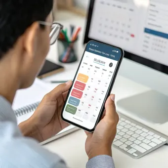 Person holding a smartphone showing a colorful calendar app at a desk with a keyboard and monitor | Dillsboro Automotive