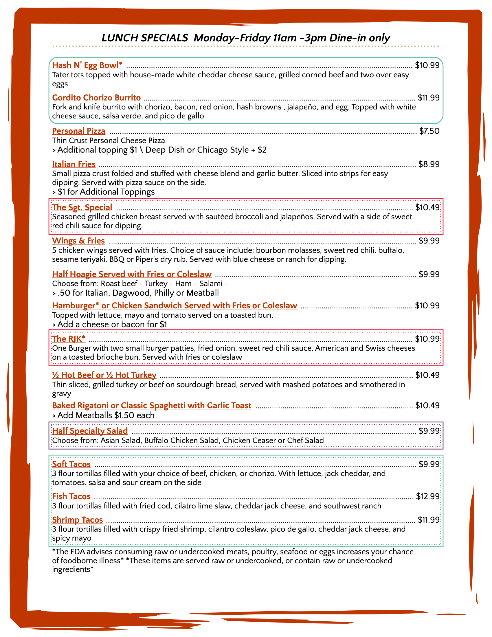 Monday- Friday Lunch Specials 