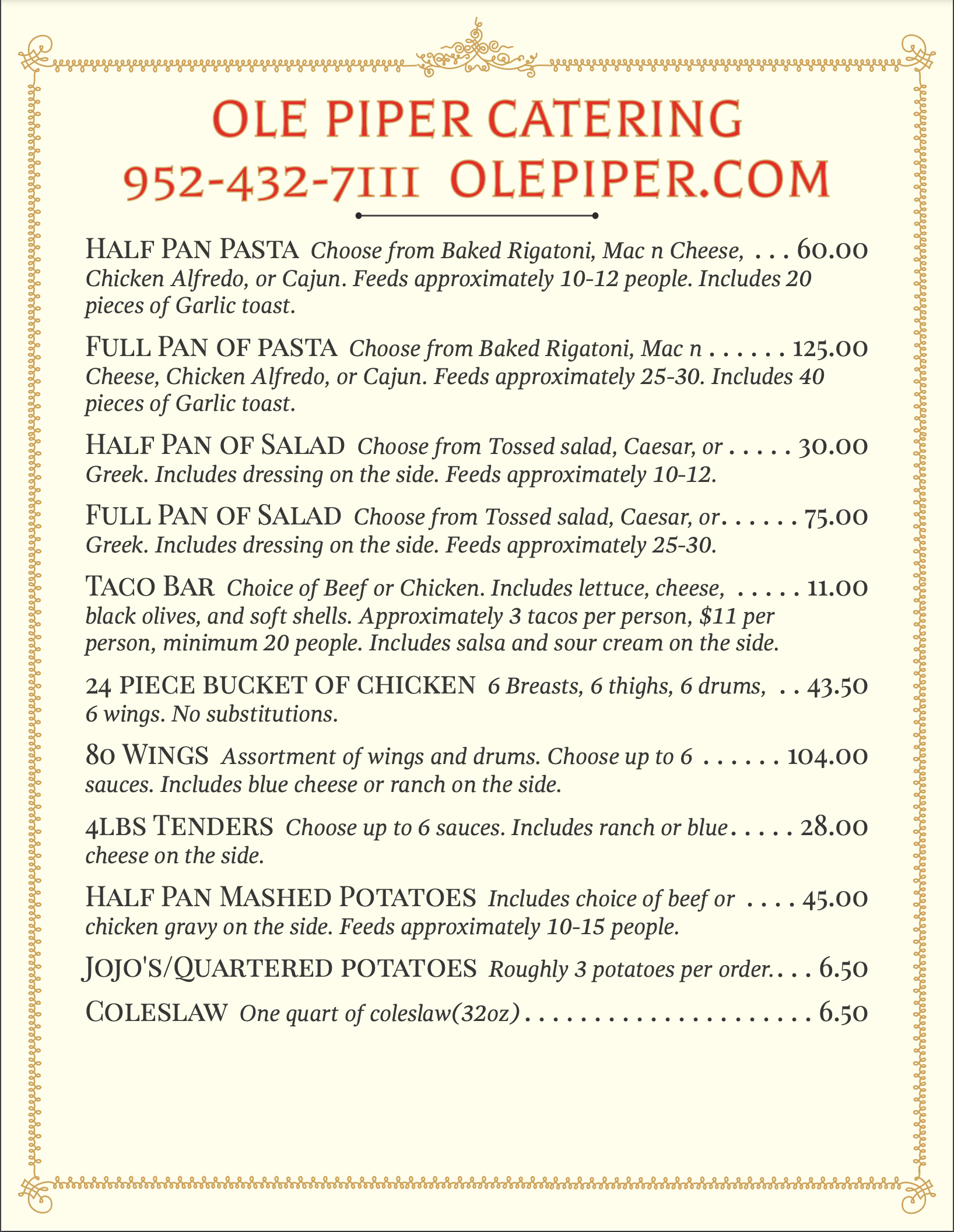 Ole Piper Catering Menu