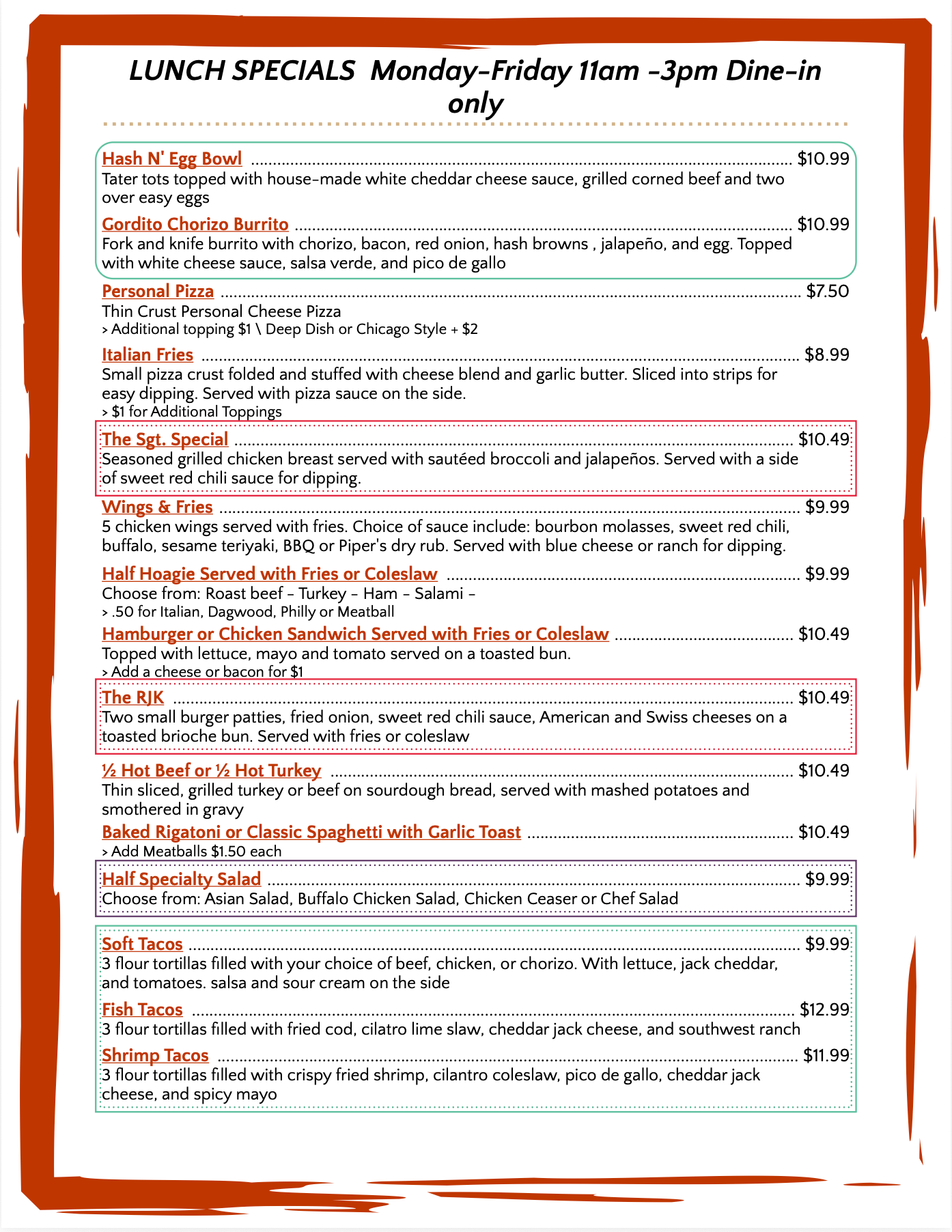 Monday- Friday Lunch Specials 