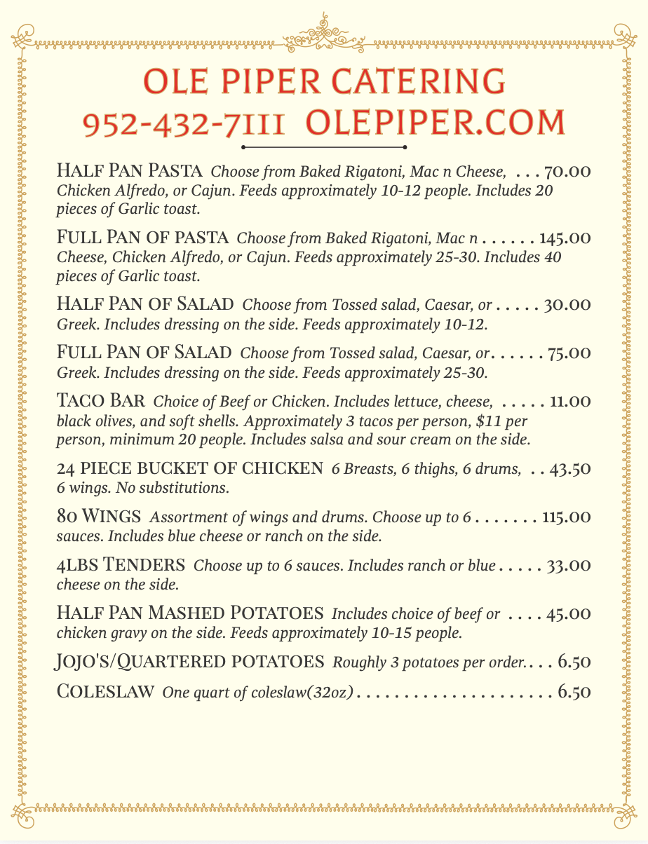 Ole Piper Catering Menu