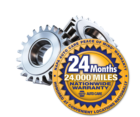 Silver gears with a blue and gold 24-month, 24,000-mile nationwide warranty seal | RyansTireAutoRepair