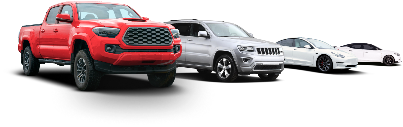 Red pickup truck in front of a gray SUV, white sedan, and white coupe on a white background | RyansTireAutoRepair