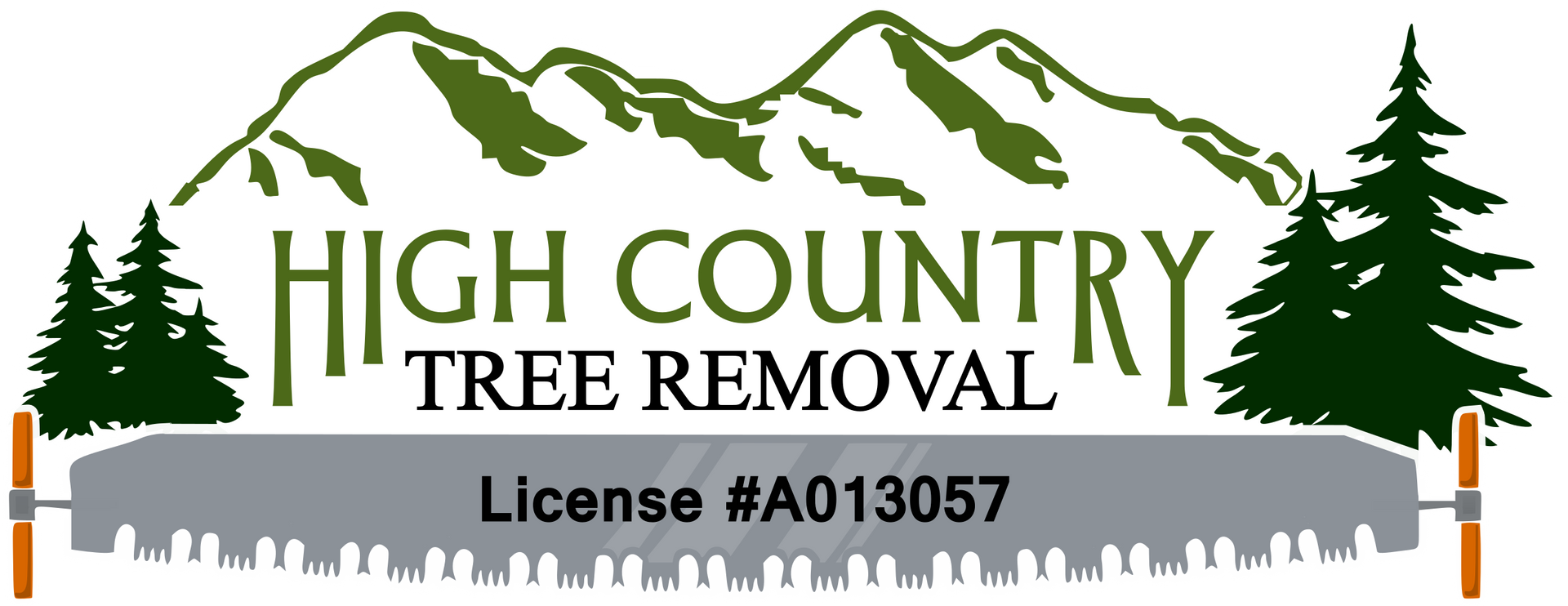 Logo for High Country Tree Removal: mountains, pine trees, saw, license #A013057.