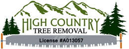Logo for High Country Tree Removal: mountains, trees, a saw, and license #A013057.
