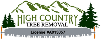 Logo for High Country Tree Removal: mountains, pine trees, saw, license #A013057.